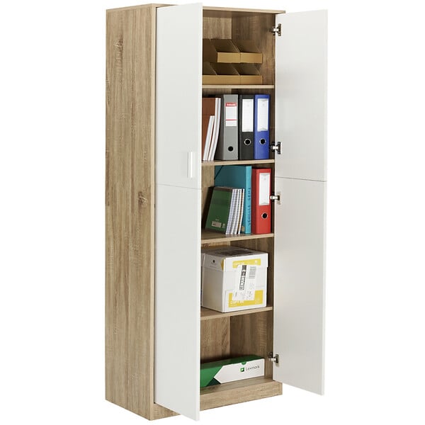ID MARKET - Armoire de bureau 190 cm multifonction MARIA bois et blanc 2 portes 4 étagères - large