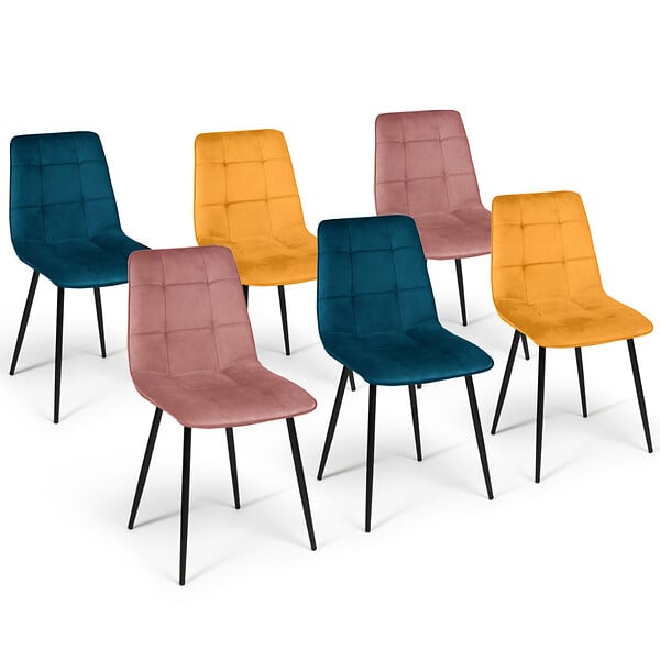 ID MARKET - Lot de 6 chaises MILA en velours mix color bleu x2, jaune ocre x2, rose x2 - large