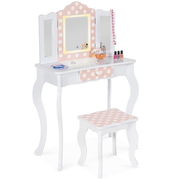 ID MARKET - Coiffeuse enfant ROZA LED blanche et rose avec 3 miroirs et tabouret - large