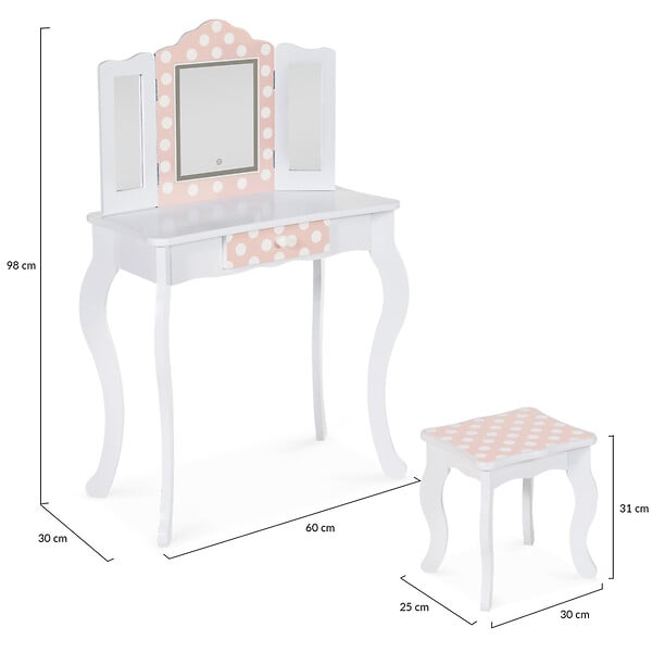 ID MARKET - Coiffeuse enfant ROZA LED blanche et rose avec 3 miroirs et tabouret - large