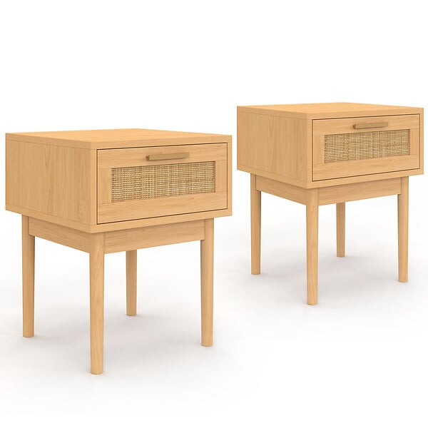 ID MARKET - Lot de 2 tables de chevet ROBERT 1 tiroir effet naturel cannage et bois - large