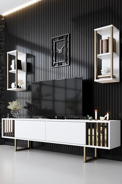 HABITAT ET JARDIN - Meuble TV en bois "Gold Line" - 180 x 30 x 48 cm - BlancNoir - large