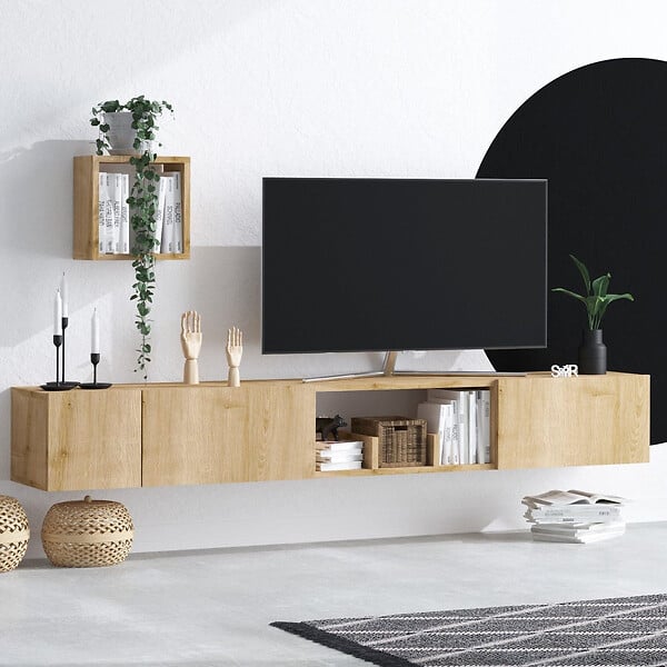 HABITAT ET JARDIN - Meuble TV avec étagère murale en bois "Avior" - 180 x 32 x 25 cm - Beige - large