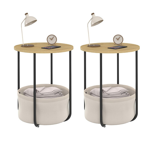 ID MARKET - Lot de 2 tables de chevet, tables d'appoint, bout de canapé DETROIT rondes avec panier en tissu design industriel - large