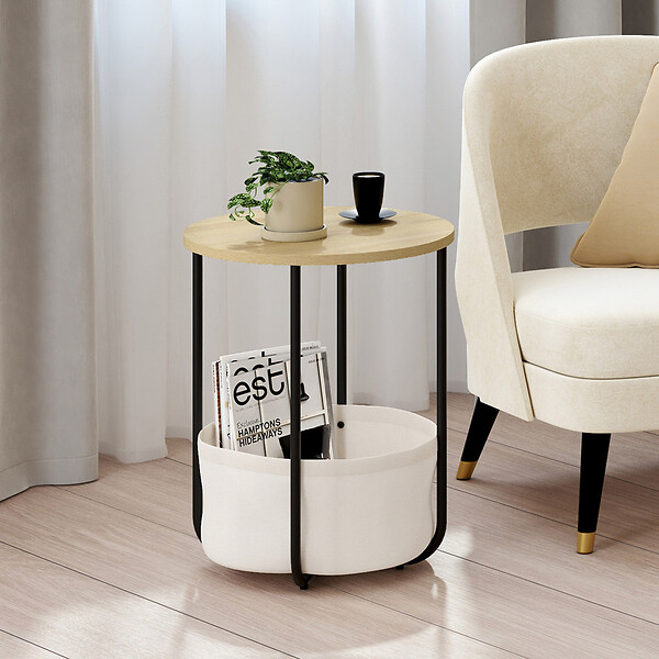 ID MARKET - Lot de 2 tables de chevet, tables d'appoint, bout de canapé DETROIT rondes avec panier en tissu design industriel - large