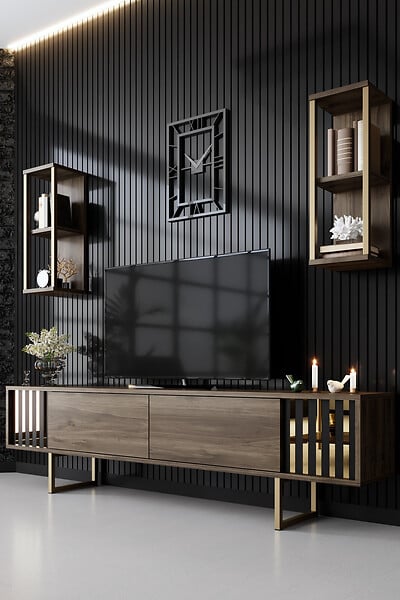 HABITAT ET JARDIN - Meuble TV en bois "Gold Line" - 180 x 30 x 48 cm - NoyerNoir - large