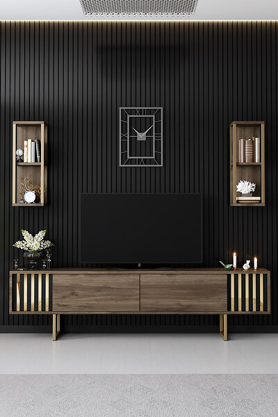 HABITAT ET JARDIN - Meuble TV en bois "Gold Line" - 180 x 30 x 48 cm - NoyerNoir - large