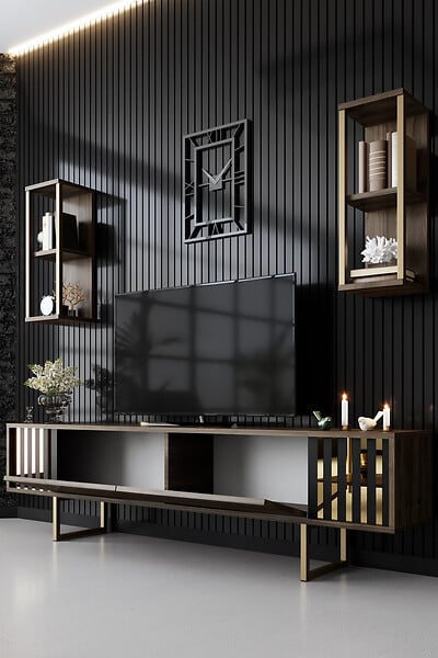 HABITAT ET JARDIN - Meuble TV en bois "Gold Line" - 180 x 30 x 48 cm - NoyerNoir - large