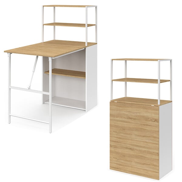ID MARKET - Bureau bibliothèque pliable RAY plateau rabattable bois façon hêtre et blanc - large