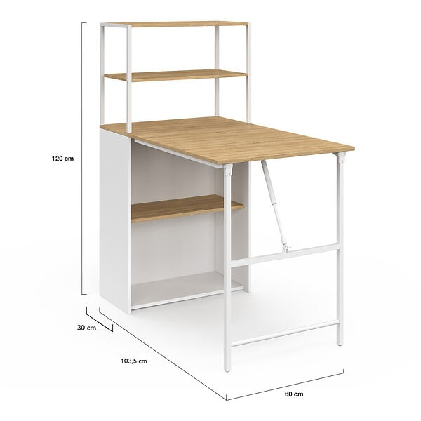 ID MARKET - Bureau bibliothèque pliable RAY plateau rabattable bois façon hêtre et blanc - large