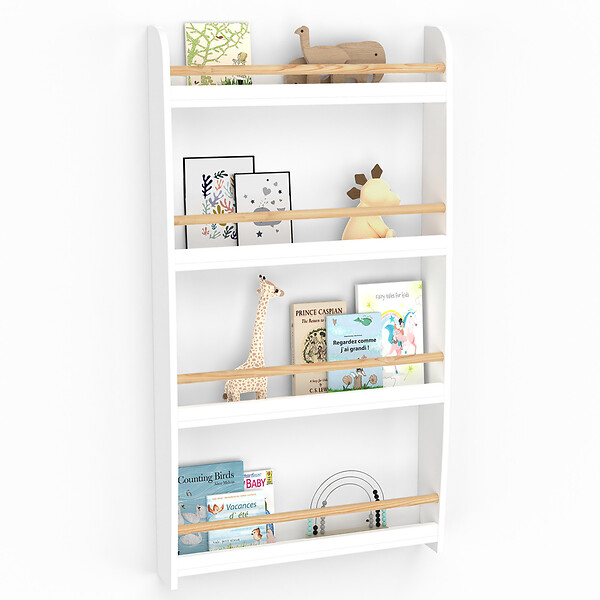 ID MARKET - Bibliothèque murale enfant PAULETTE 4 étagères blanc et bois - large