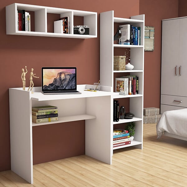 HABITAT ET JARDIN - Bureau d'étude avec bibliothèque et étagère murale en bois "Matilda" - 90 x 58 x 80 cm - Blanc - large