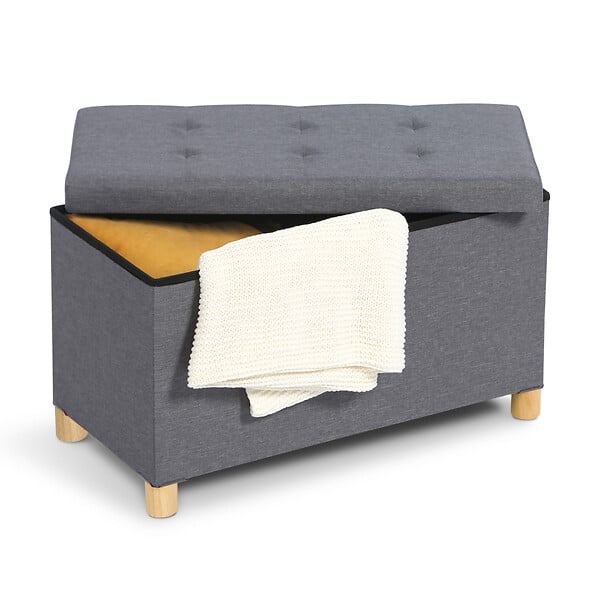 ID MARKET - Banc coffre rangement sur pied 76 cm tissu gris anthracite - large