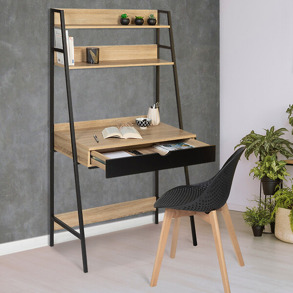 ID MARKET - Bureau étagère 1 tiroir noir BOSTON design industriel - large