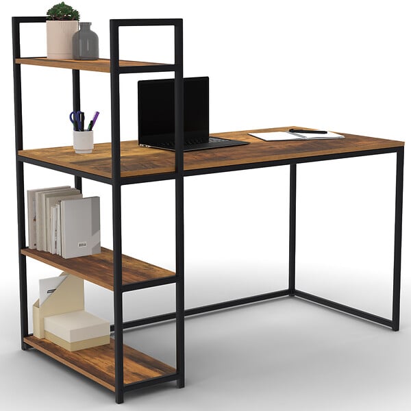 ID MARKET - Bureau bibliothèque HAWKINS plateau bois foncé design industriel - large