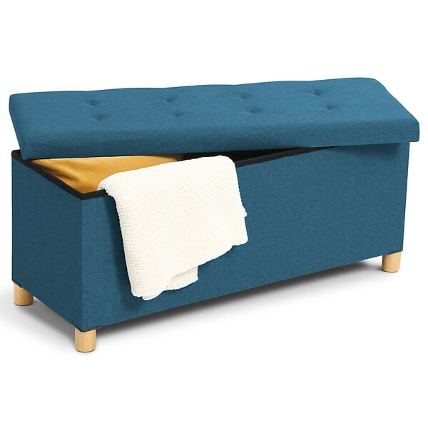 ID MARKET - Banc coffre rangement sur pied 100 cm tissu bleu canard - large