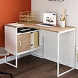 ID MARKET - Bureau d'angle ROB blanc et façon hêtre niche de rangement et porte design industriel - vignette