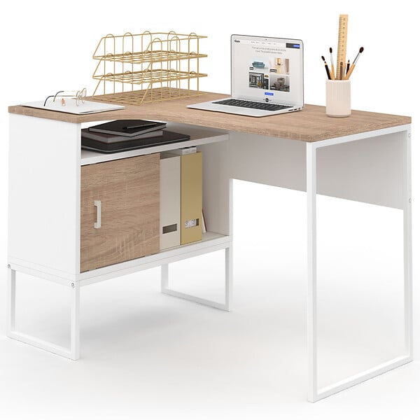 ID MARKET - Bureau d'angle ROB blanc et façon hêtre niche de rangement et porte design industriel - large