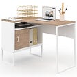 ID MARKET - Bureau d'angle ROB blanc et façon hêtre niche de rangement et porte design industriel - vignette