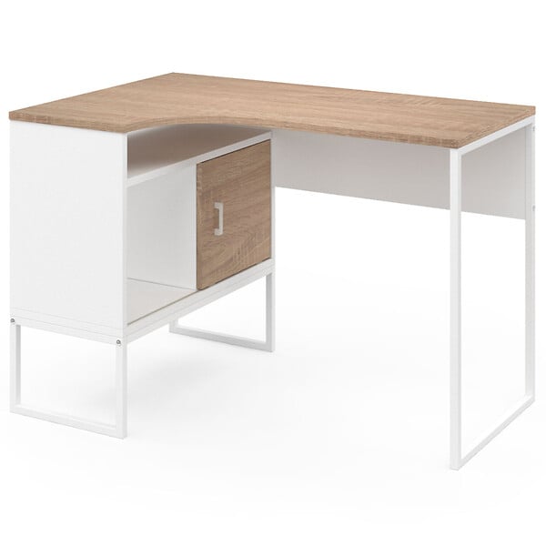 ID MARKET - Bureau d'angle ROB blanc et façon hêtre niche de rangement et porte design industriel - large