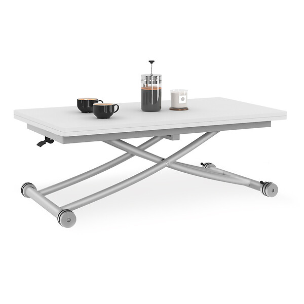ID MARKET - Table basse 2 en 1 relevable en table à manger rectangulaire URBANA 100 cm blanc pied gris chromé - large