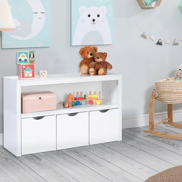 ID MARKET - Meuble de rangement enfant MANA en bois blanc 3 tiroirs cubes sur roulettes - large