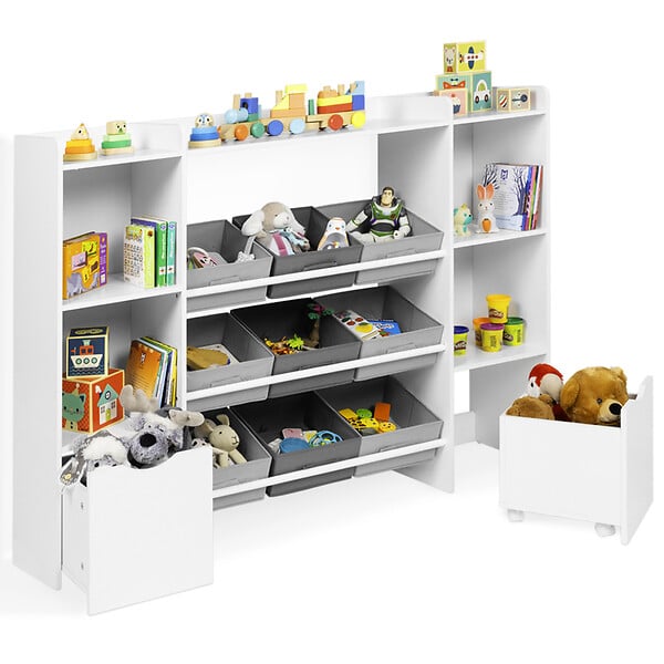ID MARKET - Meuble de rangement enfant MANA 7 étagères, 9 bacs en tissu et 2 cubes sur roulettes blanc - large