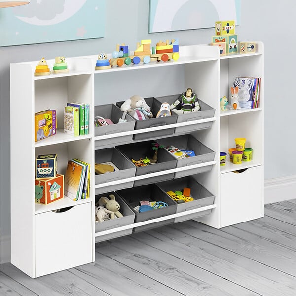 ID MARKET - Meuble de rangement enfant MANA 7 étagères, 9 bacs en tissu et 2 cubes sur roulettes blanc - large