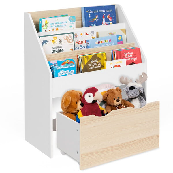 ID MARKET - Meuble de rangement bibliothèque enfant MANA 3 étagères et 1 bac sur roulettes blanc et hêtre - large