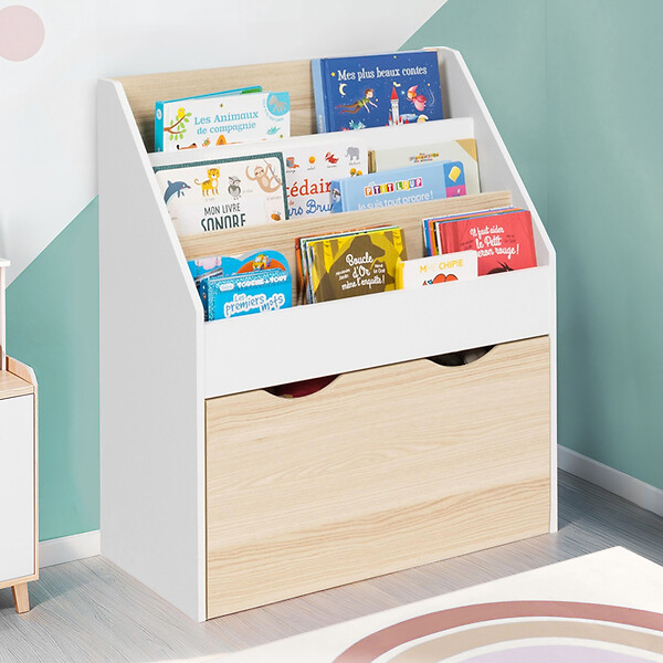 ID MARKET - Meuble de rangement bibliothèque enfant MANA 3 étagères et 1 bac sur roulettes blanc et hêtre - large