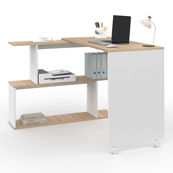 ID MARKET - Bureau d'angle rotatif 180° JOY étagère forme S bois façon hêtre et blanc - large