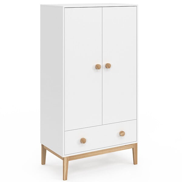 ID MARKET - Armoire enfant 2 portes JACOB avec tiroir blanc et bois - large
