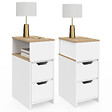 ID MARKET - Lot de 2 tables de chevet étroites ANOUK 2 tiroirs avec niche latérale réversible blanc et bois - vignette