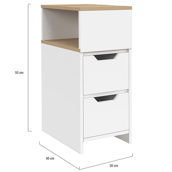 ID MARKET - Lot de 2 tables de chevet étroites ANOUK 2 tiroirs avec niche latérale réversible blanc et bois - large