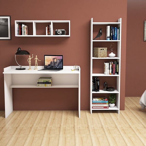 HABITAT ET JARDIN - Bureau d'étude avec bibliothèque et étagère murale en bois "Hera" - 118 x 58 x 80 cm - Blanc - large