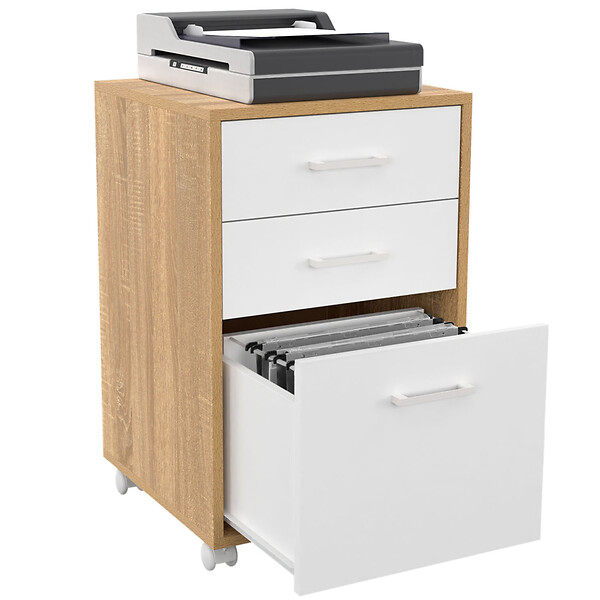 ID MARKET - Caisson de bureau JON support imprimante 3 tiroirs blanc et bois - large