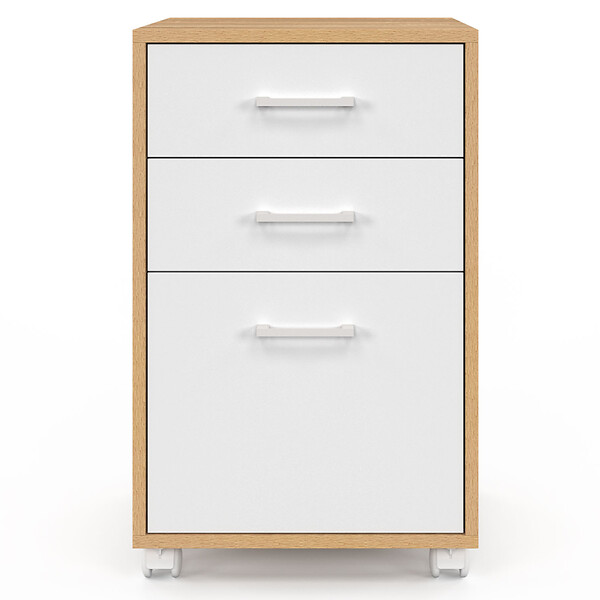 ID MARKET - Caisson de bureau JON support imprimante 3 tiroirs blanc et bois - large