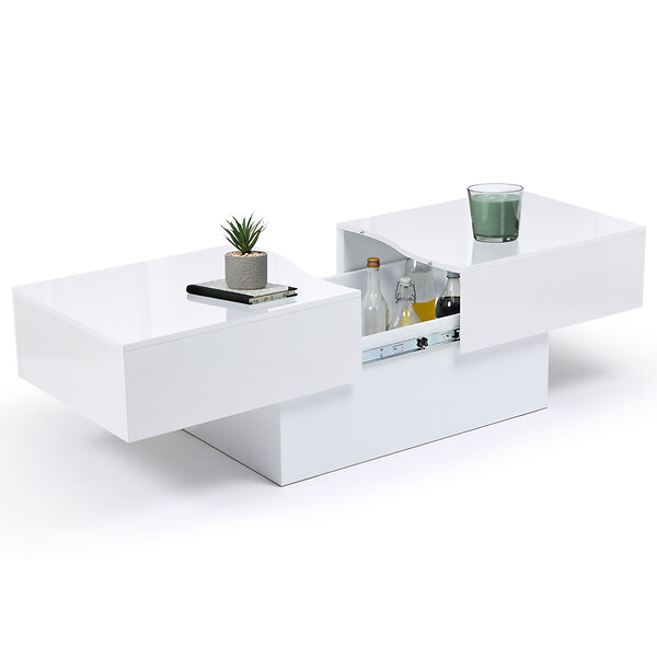 ID MARKET - Table basse coulissante rectangulaire MARTA bois blanc - large