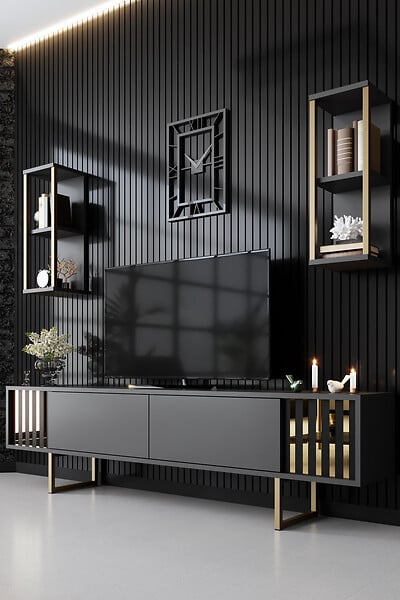 HABITAT ET JARDIN - Meuble TV en bois "Gold Line" - 180 x 30 x 48 cm - AnthraciteNoir - large