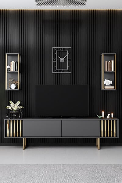 HABITAT ET JARDIN - Meuble TV en bois "Gold Line" - 180 x 30 x 48 cm - AnthraciteNoir - large