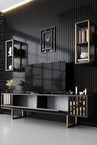 HABITAT ET JARDIN - Meuble TV en bois "Gold Line" - 180 x 30 x 48 cm - AnthraciteNoir - large