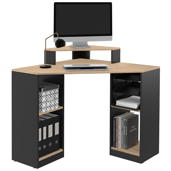 ID MARKET - Bureau d'angle HARRY noir et façon hêtre gain de place bureau informatique avec rangements - large