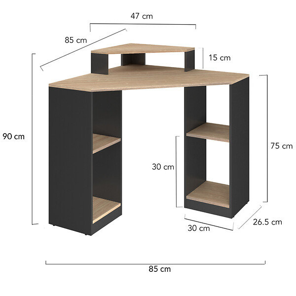 ID MARKET - Bureau d'angle HARRY noir et façon hêtre gain de place bureau informatique avec rangements - large