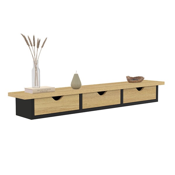 ID MARKET - Etagère murale console d'entrée LISE 3 tiroirs effet bois et noir - large