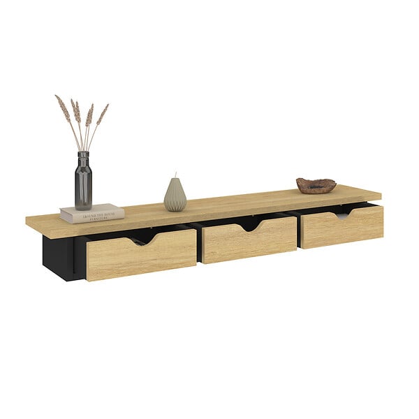 ID MARKET - Etagère murale console d'entrée LISE 3 tiroirs effet bois et noir - large