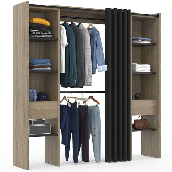 ID MARKET - Dressing extensible double MERYL 120/180 x 50 x 180 cm hêtre avec étagères hêtre + double penderie + rideau noir - large