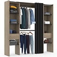 ID MARKET - Dressing extensible double MERYL 120/180 x 50 x 180 cm hêtre avec étagères hêtre + double penderie + rideau noir - vignette
