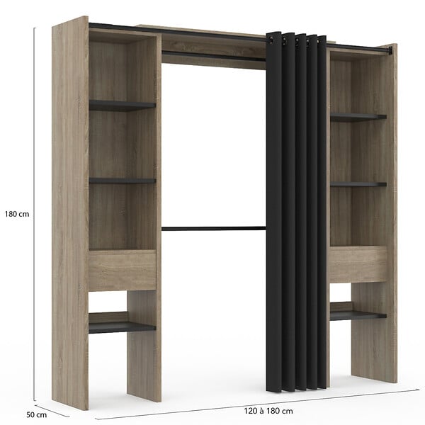 ID MARKET - Dressing extensible double MERYL 120/180 x 50 x 180 cm hêtre avec étagères hêtre + double penderie + rideau noir - large