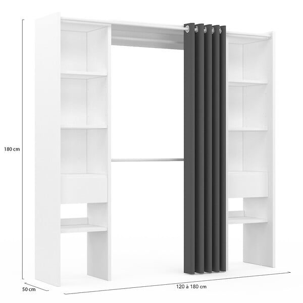 ID MARKET - Dressing extensible double MERYL 120/180 x 50 x 180 cm blanc avec étagères + double penderie + rideau gris - large
