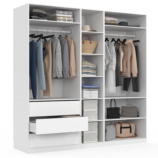 ID MARKET - Dressing modulable TAYLOR 200 x 55 x 200 cm 3 modules avec penderies + étagères + tiroirs blanc - large